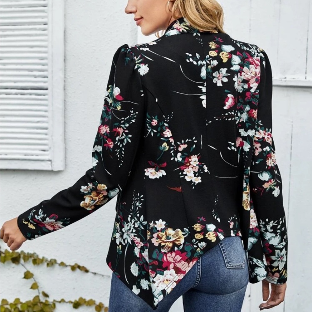 Waterfall shawl collar dark floral print blazer - Picture 2 of 2